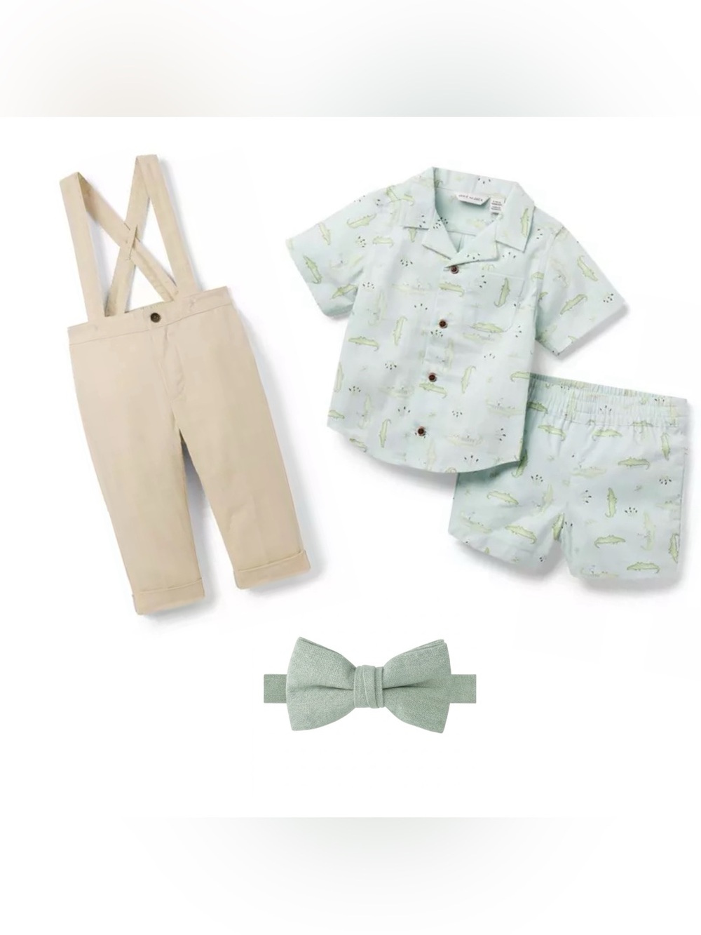 6-12m Janie and Jack Crocodile Print Short Set | Linen Suspender Pants | Bow Tie